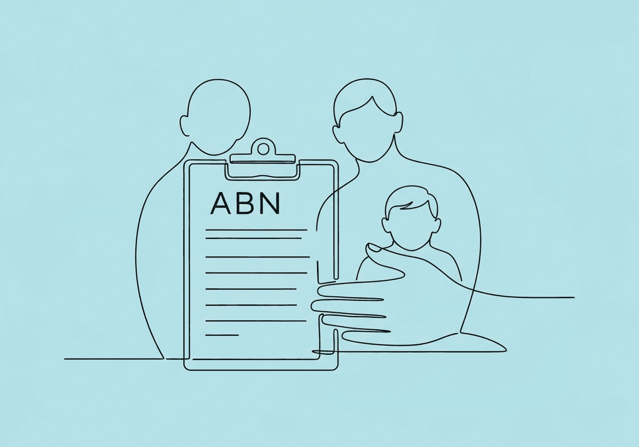 Essential BCBA ABN Documentation for Non-Covered Services Minimalist line art illustration of a BCBA presenting an ABN document to a family, visually representing BCBA ABN documentation with a clipboard, open hand, and figures symbolizing parent and child. Captures informed consent in ABA services.