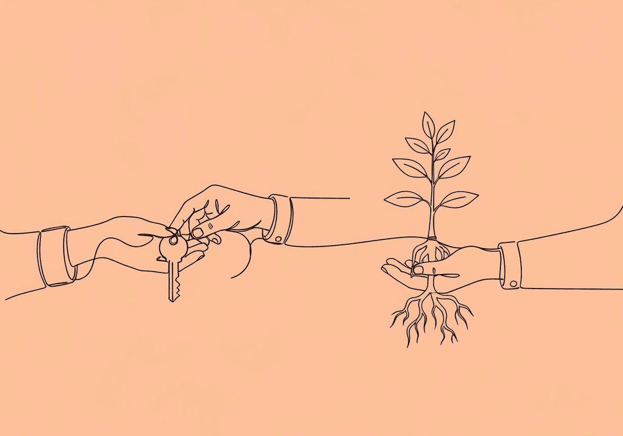 BCBA Documentation for Adult Clients: Ethics Checklist Minimalist line art of interconnected hands passing a thread, offering a key and supporting a rooted plant, illustrating BCBA documentation for adult clients and the balance of guidance, autonomy, and ethical care.
