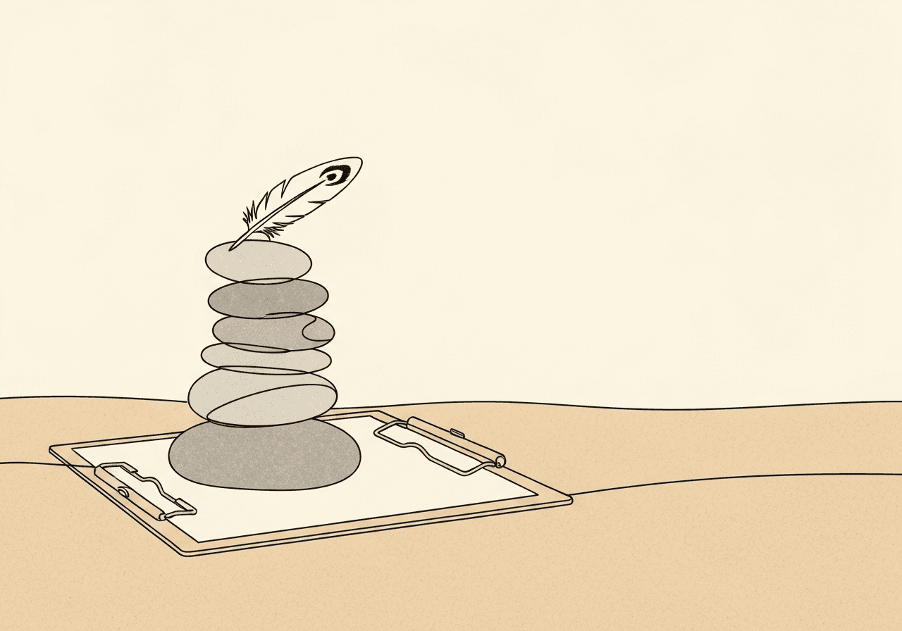 BCBA Checklist: Documenting Adverse Effects in Interventions Minimalist line art of a clipboard with stacked stones and a feather, symbolizing the BCBA adverse effects documentation checklist through balance, care, and careful monitoring in behavioral interventions.