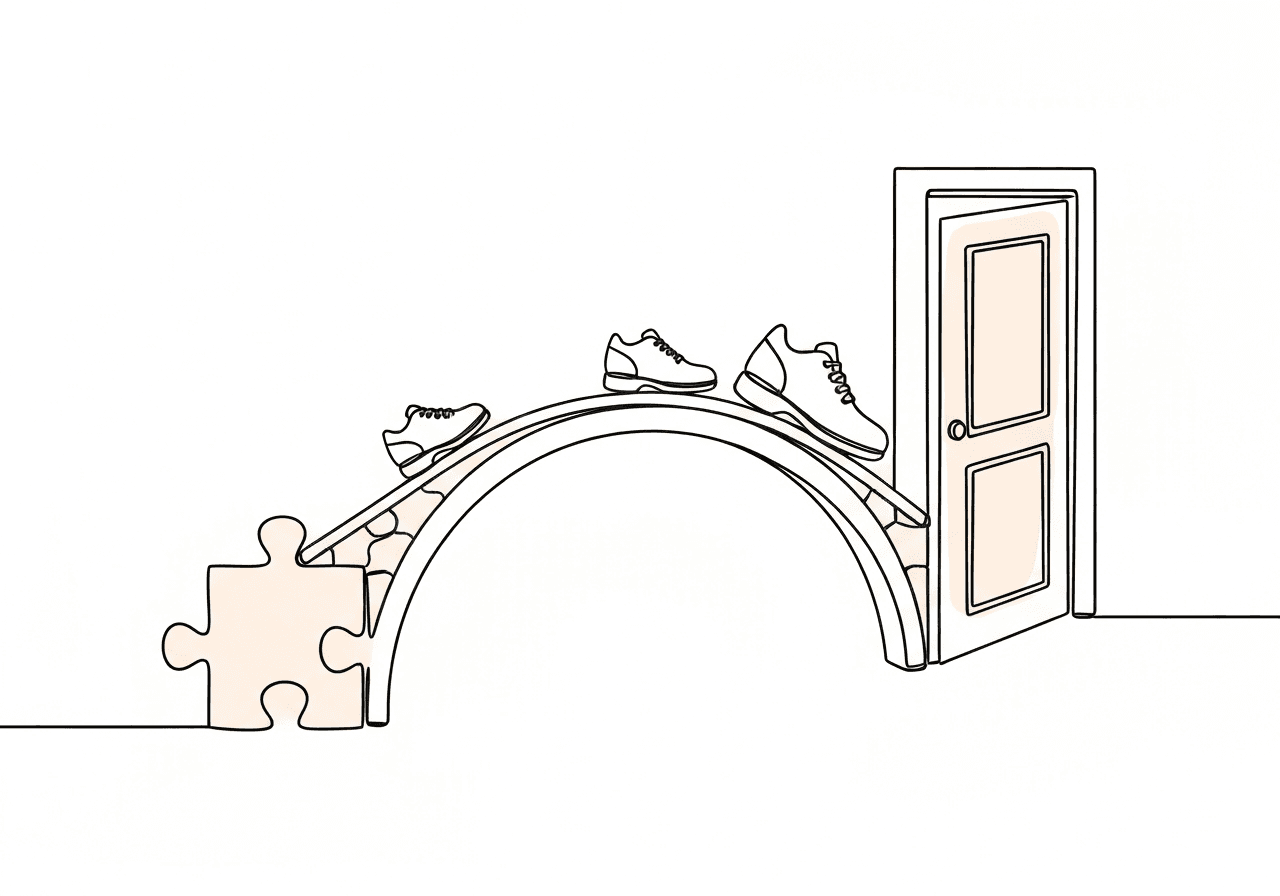 BCBA Age-Out Documentation: Essential Transition Guide Minimalist line art illustration for BCBA age-out documentation featuring a continuous bridge connecting a child's puzzle piece to an open door, with walking shoes symbolizing the transition from youth to adulthood and coordinated planning.