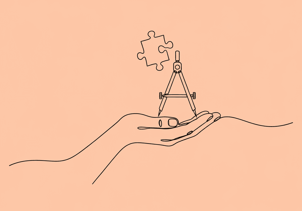 BCBA Assessment Selection Ethics: BACB Code Guide Minimalist line art shows a human hand gently holding a compass, with a floating puzzle piece above—representing BCBA assessment selection ethics, informed consent, and decision-making in behavioral assessment.