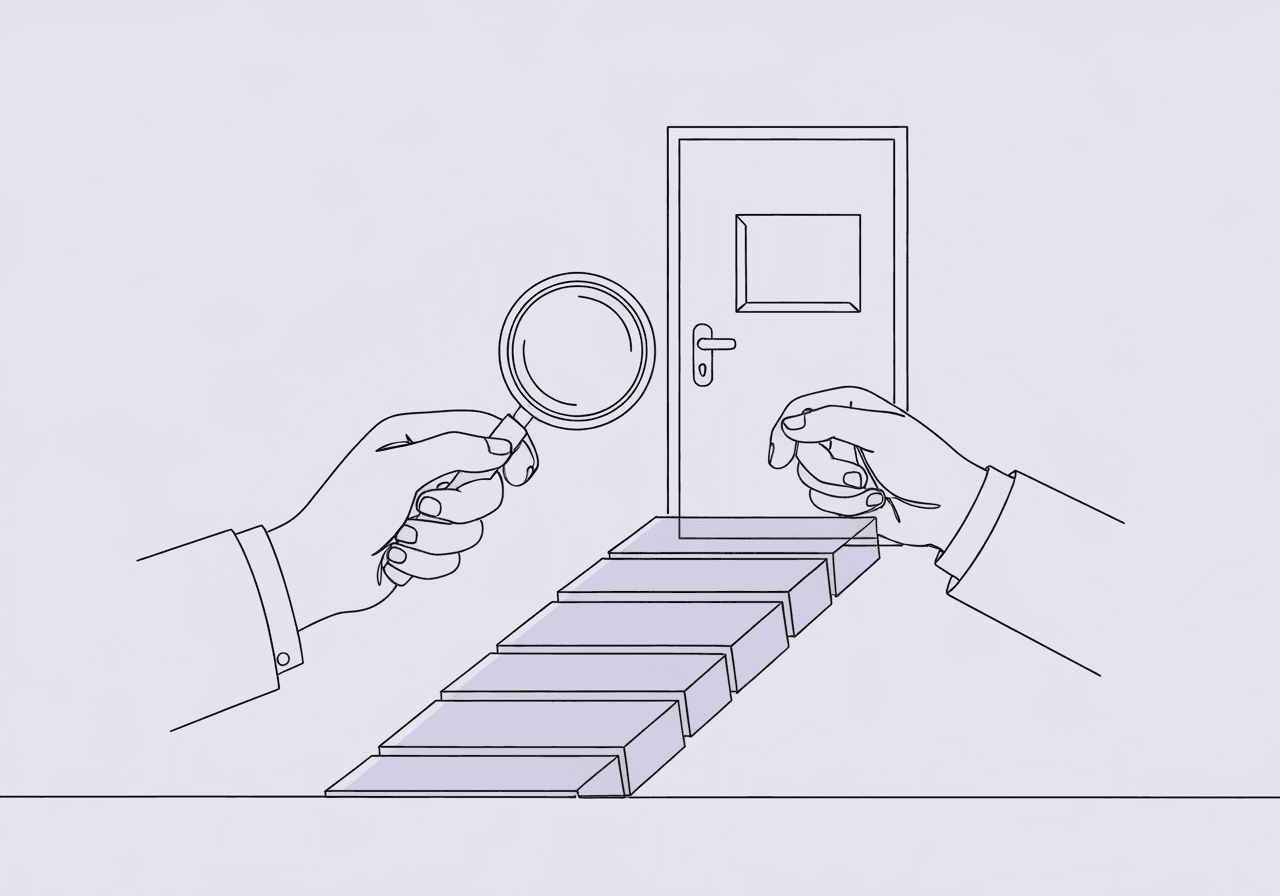 Ultimate BCBA Audit Checklist: Master Documentation Compliance Minimalist line art of a hand holding a magnifying glass over cascading documents, illustrating the BCBA audit documentation checklist’s process of review and compliance, set on a pastel lavender background for a calm, organized visual theme.
