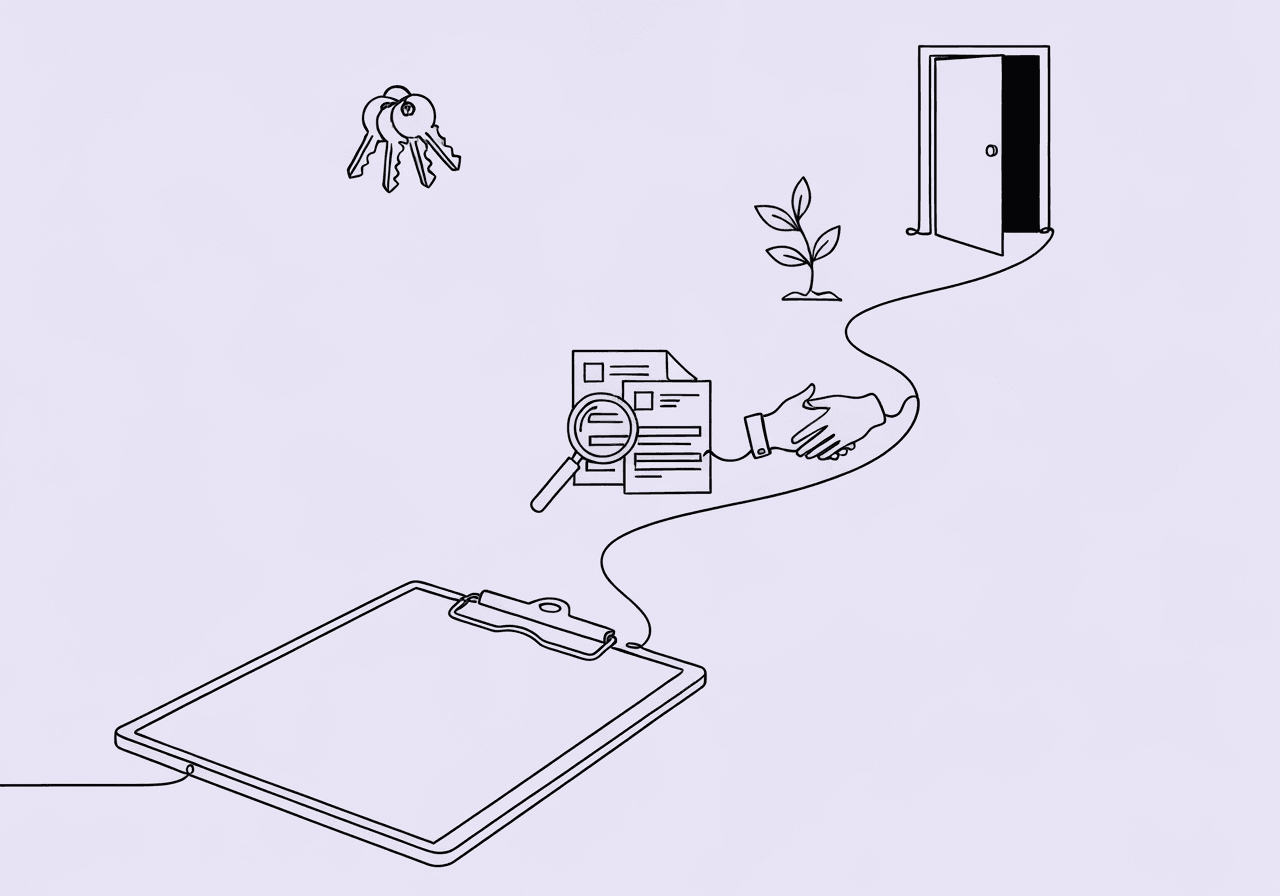 BCBA Documentation Audit Readiness Checklist Minimalist line art on pastel lavender background shows a winding path emerging from a clipboard, passing audit-related icons to symbolize the step-by-step BCBA documentation audit readiness process covered in the checklist blog post.