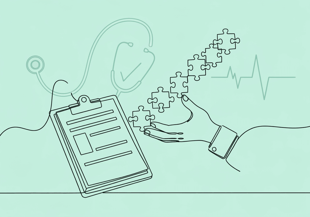 BCBA Authorization Checklist: Avoid Insurance Denials Minimalist line art on a pastel mint background shows a hand assembling puzzle pieces upward from a clipboard, symbolizing the BCBA authorization checklist process for initial ABA treatment plan approval.