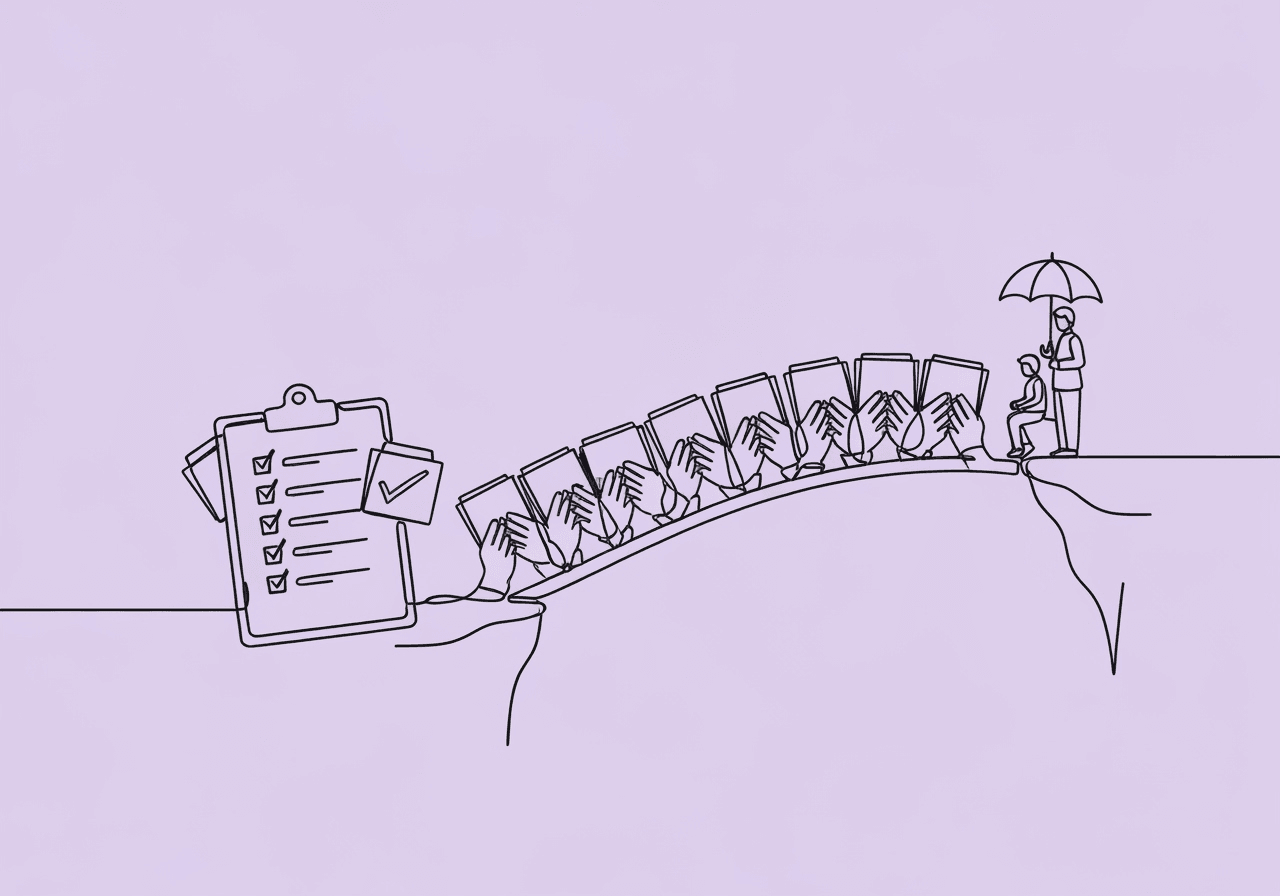 BCBA Authorization Gap Documentation Guide Minimalist line art of a bridge made from interwoven hands and folders stretching over a gap, symbolizing BCBA authorization gap documentation and ethical efforts to ensure continuous care in behavioral therapy.