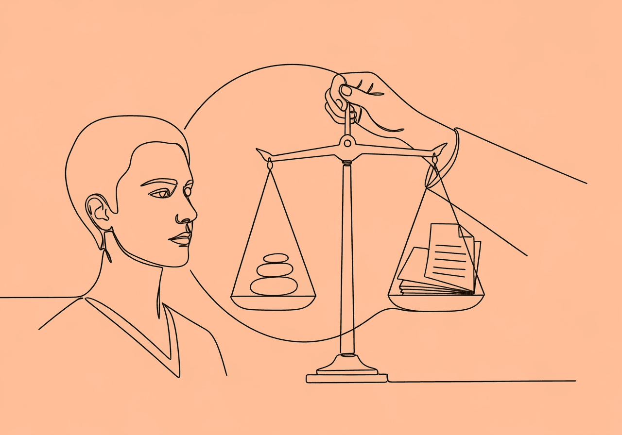 BCBA Guide: Baseline Documentation & Justification Minimalist line art of a balanced scale with pebbles and a medical file, held by a steady hand, visually representing BCBA baseline documentation rationale and the careful justification of intervention onset in ABA therapy.
