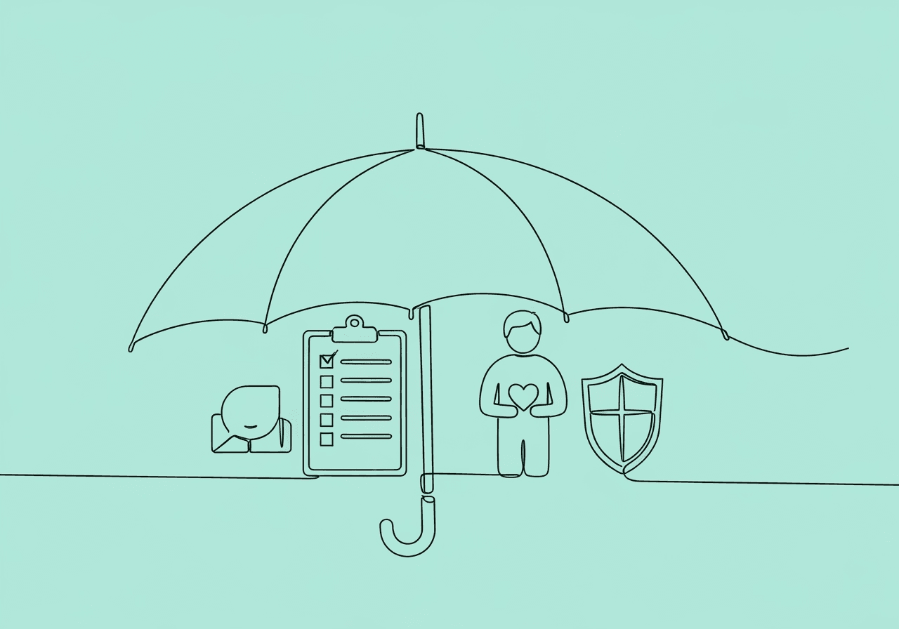 BCBA BIP Risk Mitigation Checklist Essentials Minimalist line art showing an umbrella sheltering a checklist, person, and shield, visualizing the BCBA BIP risk mitigation checklist as protective oversight and compassion in behavior support planning.
