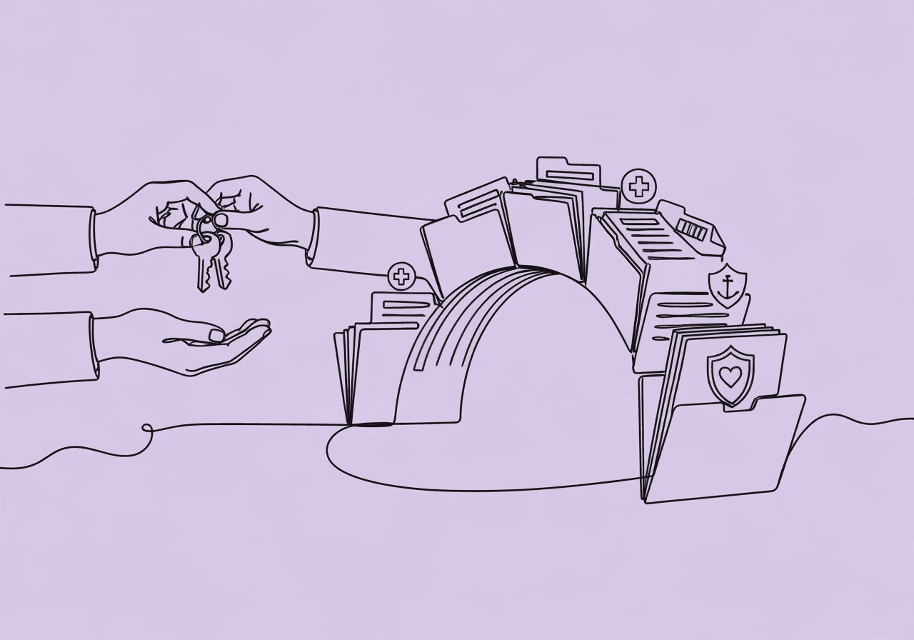 BCBA Case Closure Checklist: 10 Steps to Compliance Minimalist line art on pastel lavender shows hands passing keys across a bridge of folders into an open file, visually representing a BCBA case closure checklist and ethical client transfer.