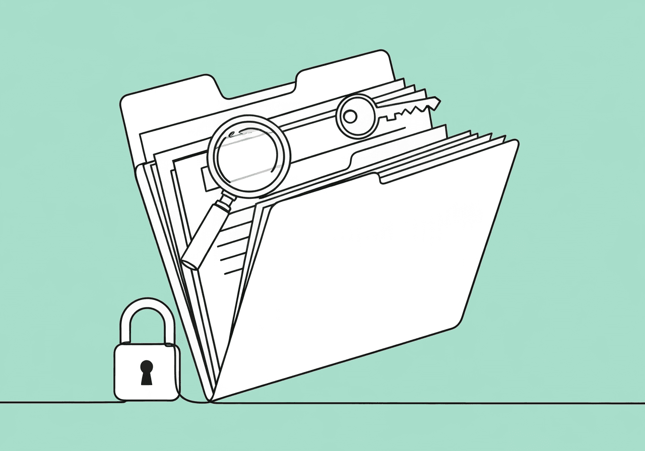 BCBA CE Documentation Audit Guide: Stay Compliant Minimalist line art depicting a folder, papers, magnifying glass, key, and lock to represent BCBA CE documentation audit and secure, organized record-keeping, capturing the importance of audit-proofing continuing education documentation.