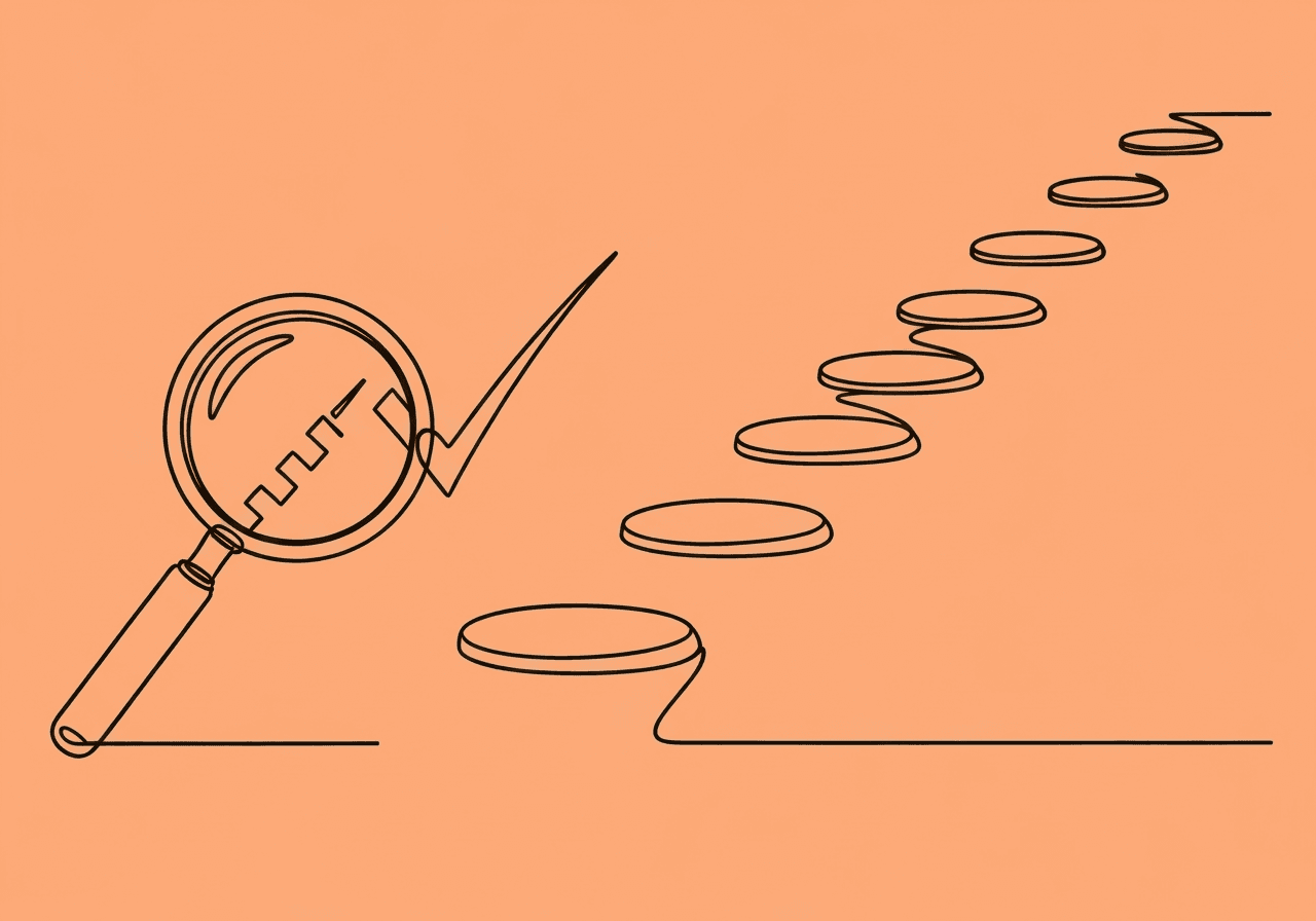 BCBA Change Measurement Documentation: 8-Step Checklist Minimalist line art of a magnifying glass transforming into a checkmark and eight stepping stones, symbolizing the BCBA change measurement documentation checklist for goal adjustments and compliance in ABA practice.