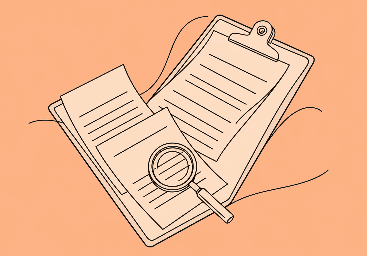 BCBA Chart Audit Documentation: 5 Steps Guide Minimalist line art showing a BCBA chart audit process: an open clipboard with cascading documents and a magnifying glass representing documentation review and clinical compliance. Ideal for illustrating BCBA chart audit documentation topics.