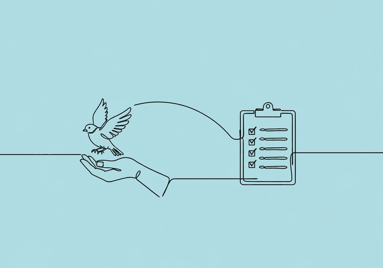 Guide for BCBAs: Documenting Client Assent & Dissent Minimalist line art shows a BCBA’s hand releasing a small bird toward a clipboard, symbolizing how BCBAs document client assent and dissent in ABA while respecting client autonomy. Relevant to clinical documentation.