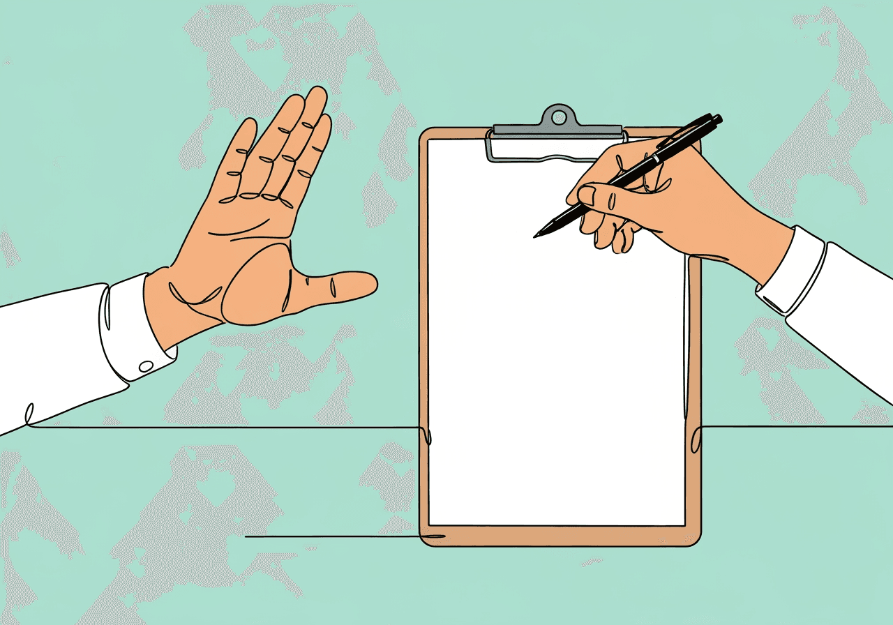 BCBA Client Dissent Documentation: Ethical Best Practices Minimalist line art illustration for BCBA client dissent documentation features an open hand signaling stop and another holding a pen above a clipboard, symbolizing careful observation, ethical decision-making, and precise documentation in ABA service changes.