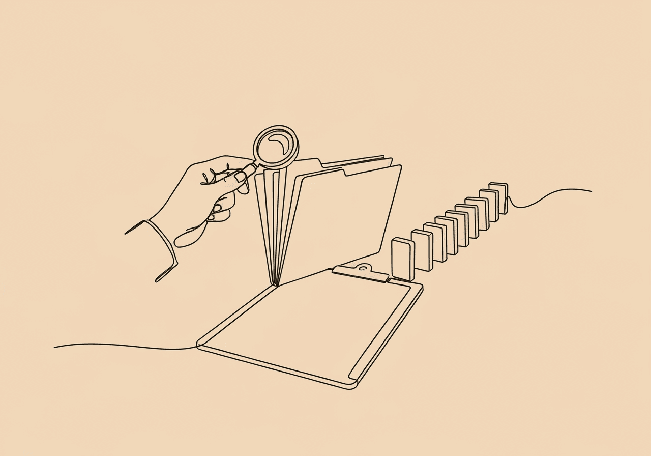 Essential BCBA Client File Review Checklist for Compliance Minimalist line art illustration for BCBA client file review checklist, showing a clipboard, hand with magnifying glass, and cascading paper folders transforming into dominoes, symbolizing proactive compliance through ongoing review.