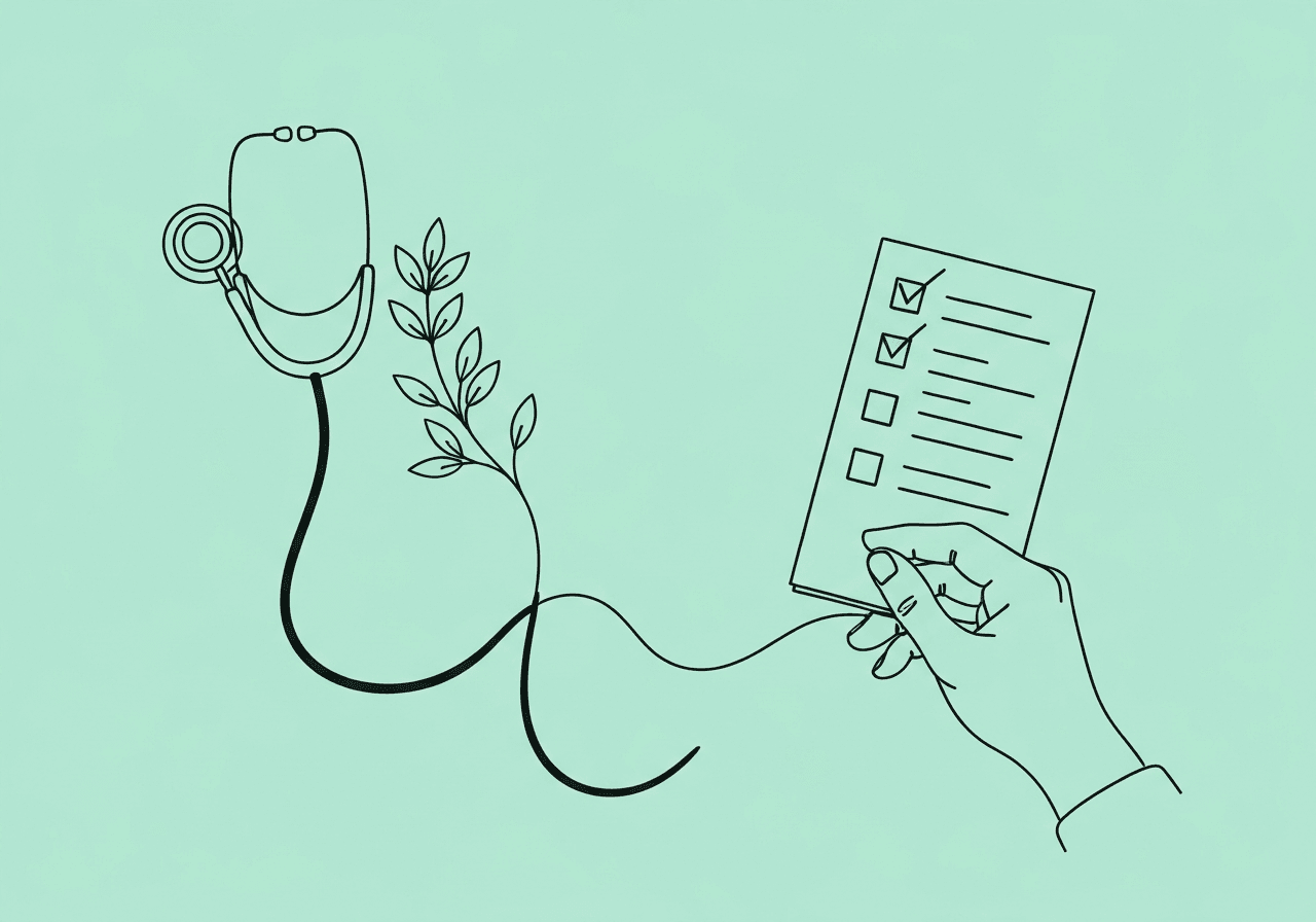 BCBA Clinical Rationale Checklist: Essential Guide Minimalist line art of a checklist blending into a stethoscope and branching pathways, symbolizing the BCBA clinical rationale checklist in ABA documentation and the process of justifying medical necessity.