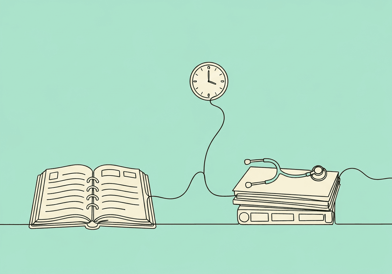 BCBA Administrative Time: Ethical Documentation Guide Minimalist line art illustration on pastel mint shows a planner, clock, and stethoscope with case files, symbolizing BCBA administrative time documentation and the separation of non-billable and clinical activities.