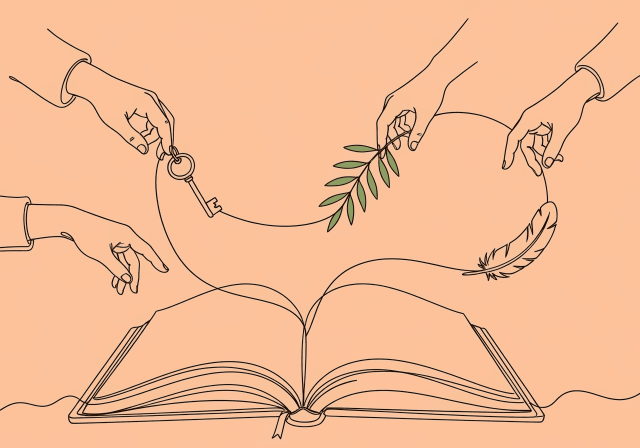 BCBA Communication Documentation: Ethical Guide Minimalist line art illustration for BCBA communication documentation shows an open journal with a connecting thread linking four symbolic hands, each holding an object that represents consent, care, ethical action, and transition, reflecting best practices in documentation.