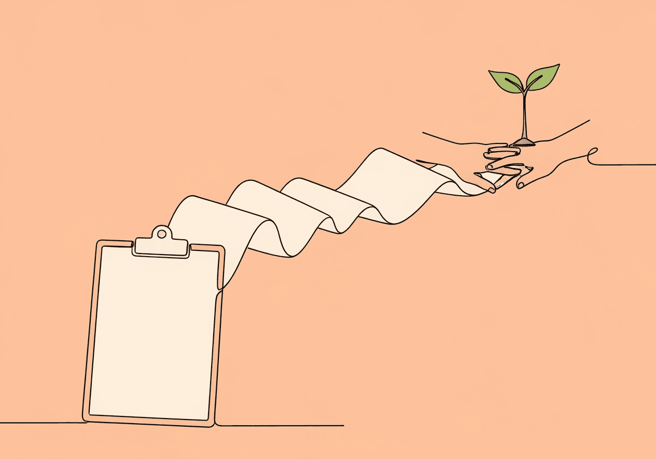 BCBA Corrective Action Plan Documentation: 8-Step Guide Minimalist line art illustration on a pastel peach background depicting a clipboard transforming into a flowing paper trail with overlapping hands, ending in a planted seedling—symbolizing the BCBA corrective action plan documentation process and proactive compliance steps.