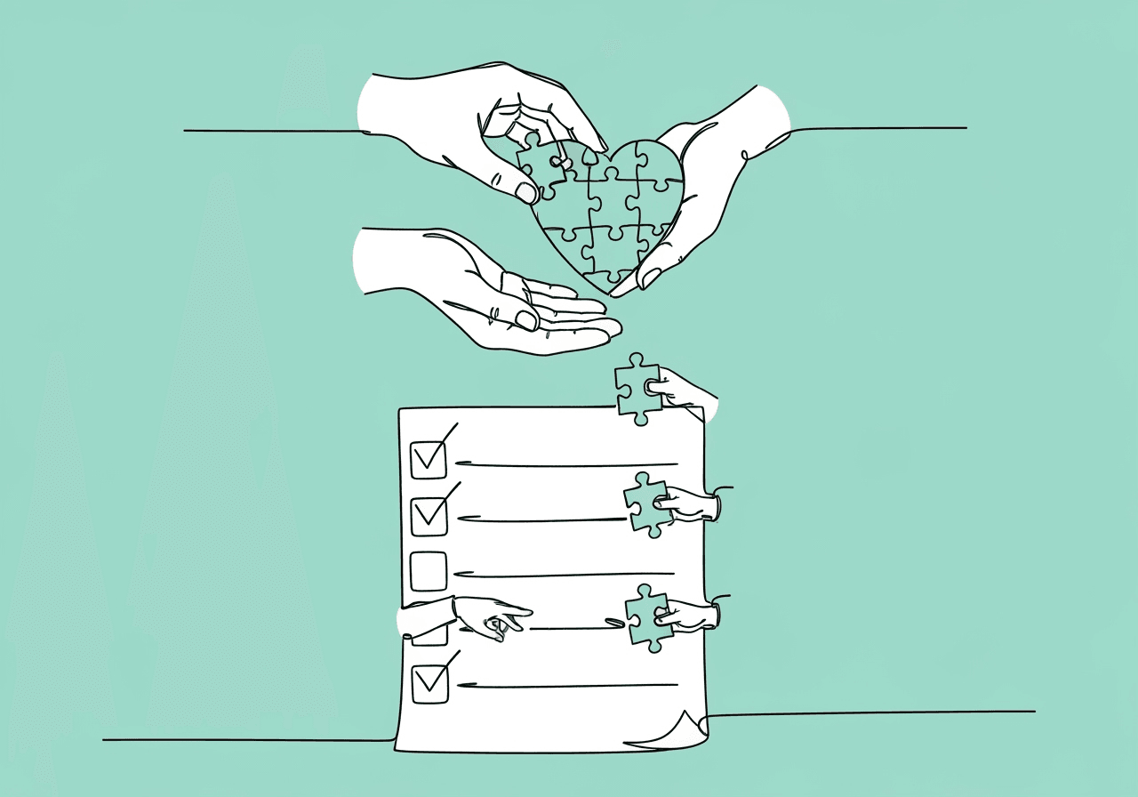 BCBA CPT 97156 Documentation: 10-Point Checklist Minimalist line art illustration conveys BCBA CPT 97156 documentation with hands passing puzzle pieces from a checklist to a heart-shaped puzzle, symbolizing stepwise parent training and compliance.
