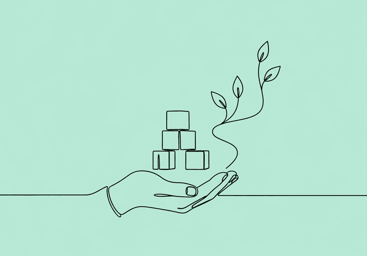 Ace BCBA Curriculum-Based Assessment Exam Prep Minimalist line art illustration showing an open hand supporting stacked blocks with leaves growing upward, symbolizing the BCBA curriculum-based assessment exam process of supporting individual growth and data-driven treatment planning.