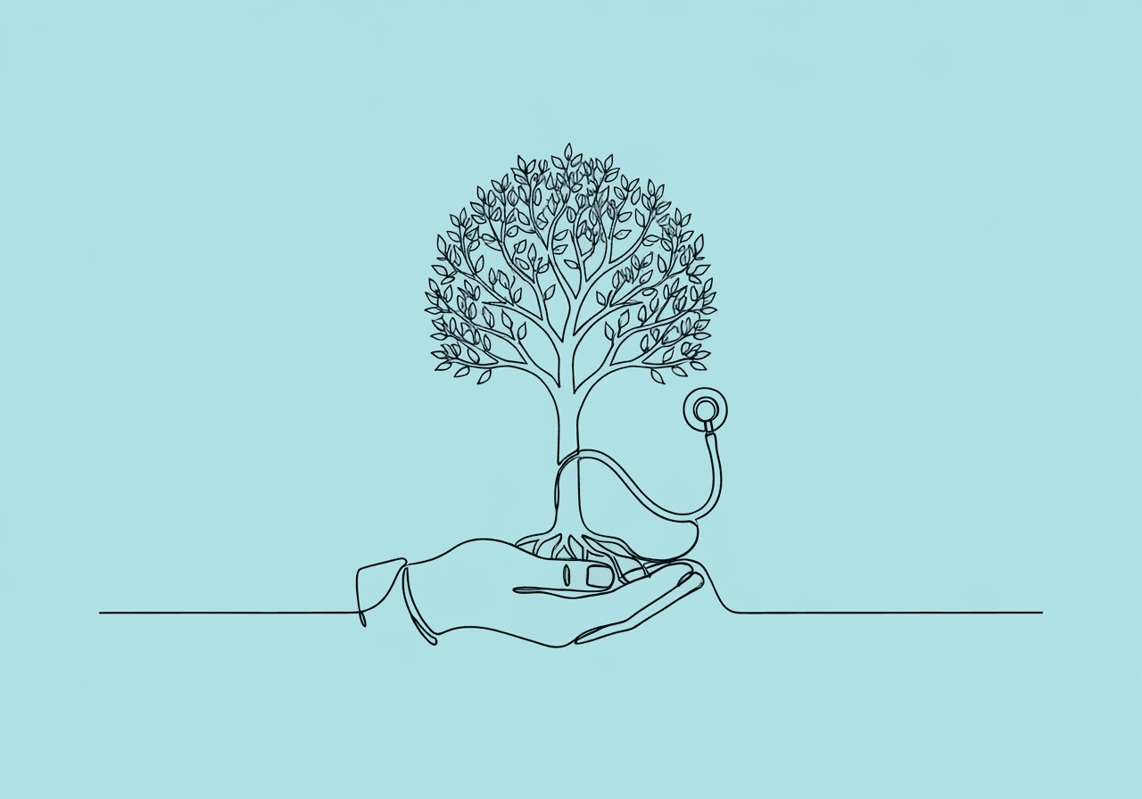BCBA Daily Note Medical Necessity: Expert Guide Minimalist line art of an open hand supporting a stethoscope that transforms into a branching tree, symbolizing BCBA daily note medical necessity through the roots of care, clinical reasoning, and ethical growth.