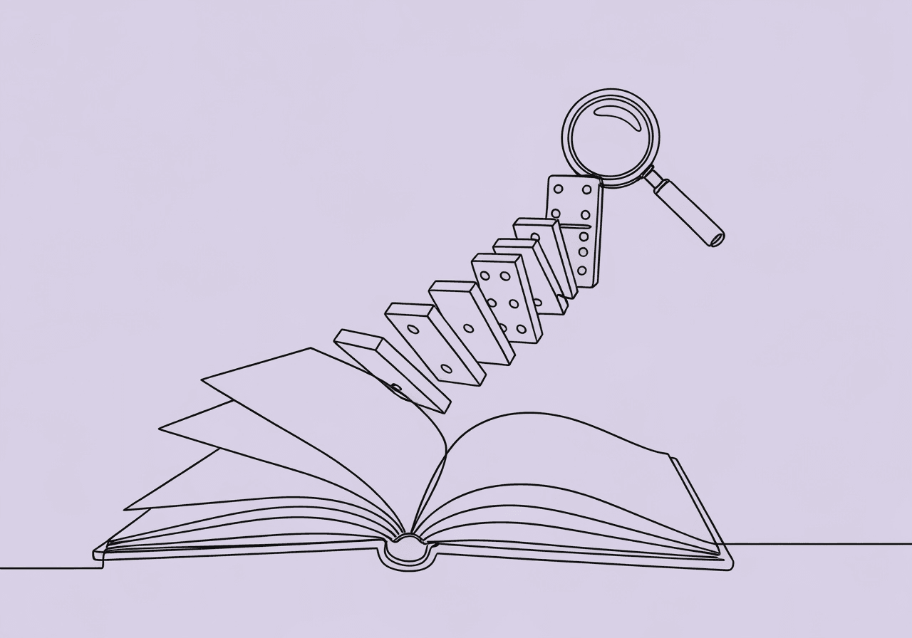 Data-Based Clinical Decision Making: BCBA Best Practices Minimalist line art showing a notebook with a rising line of dominoes and a magnifying glass, symbolizing data-based clinical decision making in ABA by illustrating careful documentation and analysis steps.