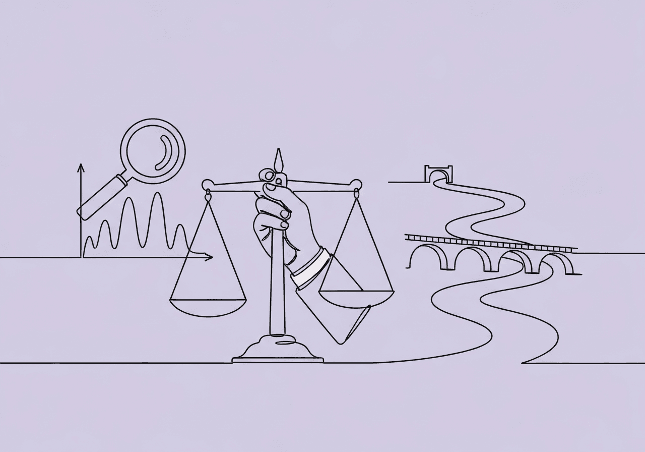 Master BCBA Data-Based Decision Making Strategies Minimalist line art on pastel lavender background shows a hand holding a scale balancing a magnifying glass over a data graph with a winding path leading to a bridge, representing BCBA data-based decision making through balanced data analysis and ethical progression.