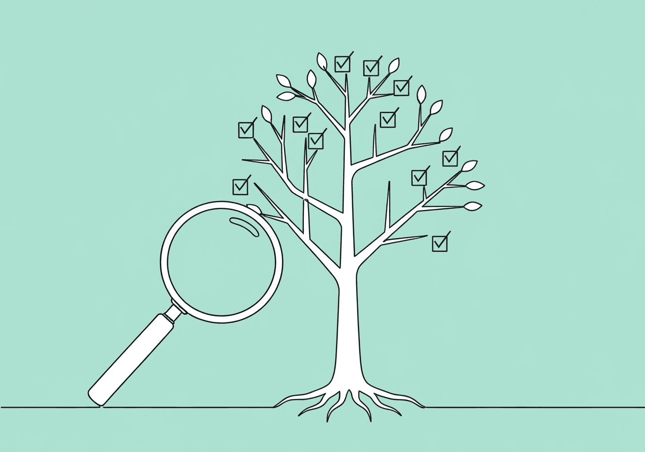 Essential BCBA Data Measurement Integrity Checklist Line art illustration for a BCBA data measurement integrity checklist blog: a magnifying glass inspects a branching checklist-tree, symbolizing careful data audit and stepwise measurement integrity in behavioral analysis.