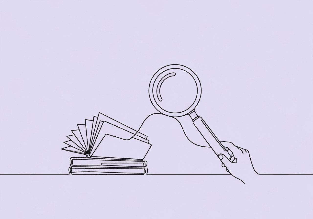 BCBA Denial Documentation Strategies for Payer Appeals Minimalist line art showing a magnifying glass examining organized folders and a guiding hand, representing a BCBA denial documentation strategy by visually illustrating retrospective evidence gathering and review for medical necessity.