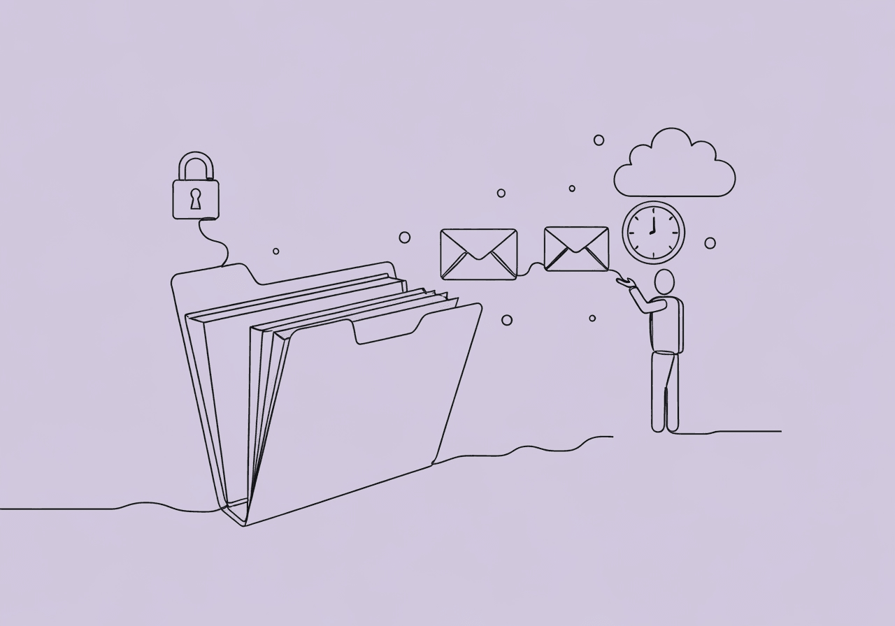 ABA Digital Documentation Mistakes BCBAs Must Avoid Minimalist line art features a continuous file folder releasing digital symbols and a human figure, illustrating ABA digital documentation mistakes and the importance of ethical digital record-keeping in behavioral health.