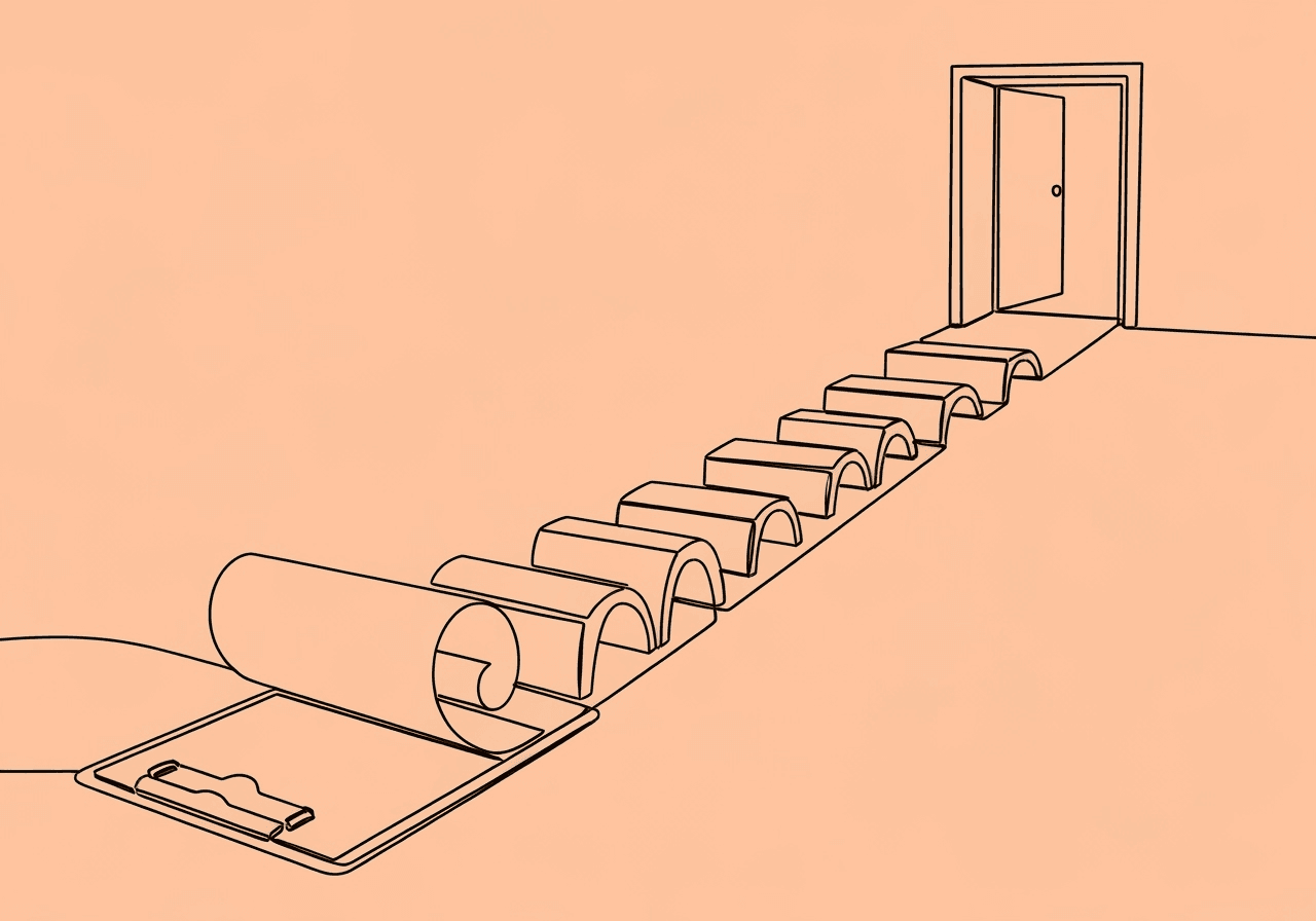 Essential BCBA Discharge Summary Documentation Guide Minimalist line art on pastel peach background depicts a clipboard transforming into five connecting bridges, illustrating key components of BCBA discharge summary documentation and symbolizing an organized, compliant transition in client care.