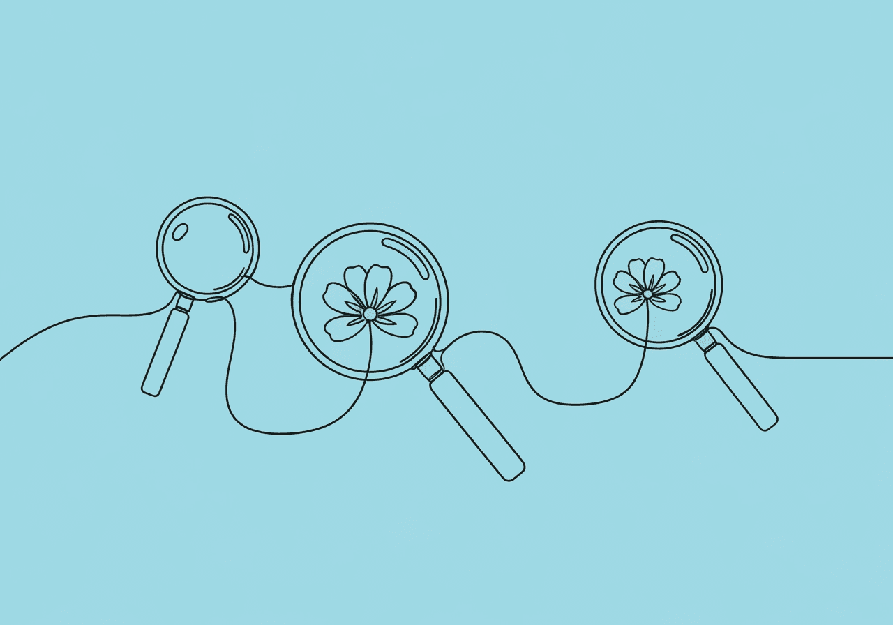 BCBA Guide to Discontinuous Measurement Documentation Minimalist line art showing three magnifying glasses examining a single flower in different ways, symbolizing discontinuous measurement documentation methods and their unique impacts for BCBAs.
