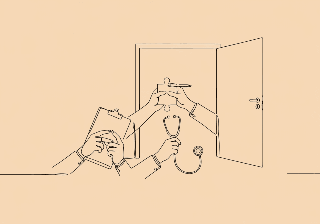 Essential BCBA Documentation for Multidisciplinary Teams Minimalist line art illustrates BCBA multidisciplinary documentation, showing three hands with different tools—clipboard, stethoscope, puzzle piece—joined in collaboration, symbolizing coordinated care and shared goals in behavioral health practice.