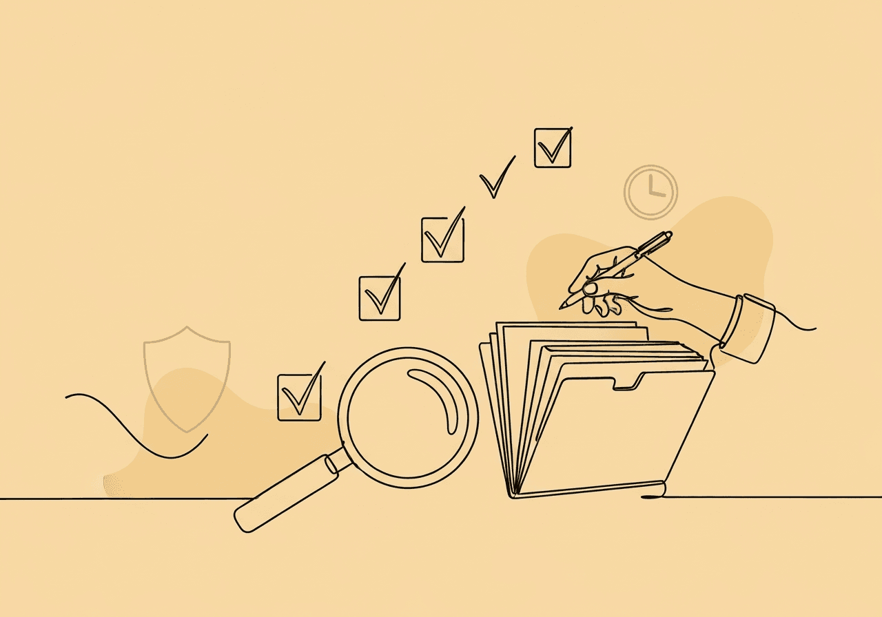 BCBA Documentation QA Checklist: 10 Essentials Minimalist line art showing a magnifying glass examining an organized folder of papers, checkmarks, and subtle references to ethical review and timing, visualizing a BCBA documentation quality assurance checklist in a clear and relatable way.