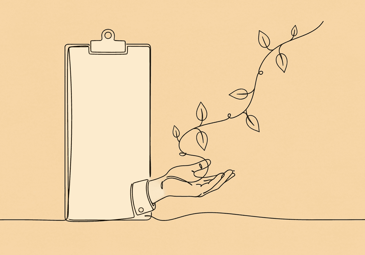 BCBA Treatment Fidelity Documentation: BACB H-6 Essentials Minimalist line art of a hand presenting a clipboard from which a vine grows, each leaf symbolizing treatment fidelity components—illustrating BCBA treatment fidelity documentation in a clear and relatable metaphor.