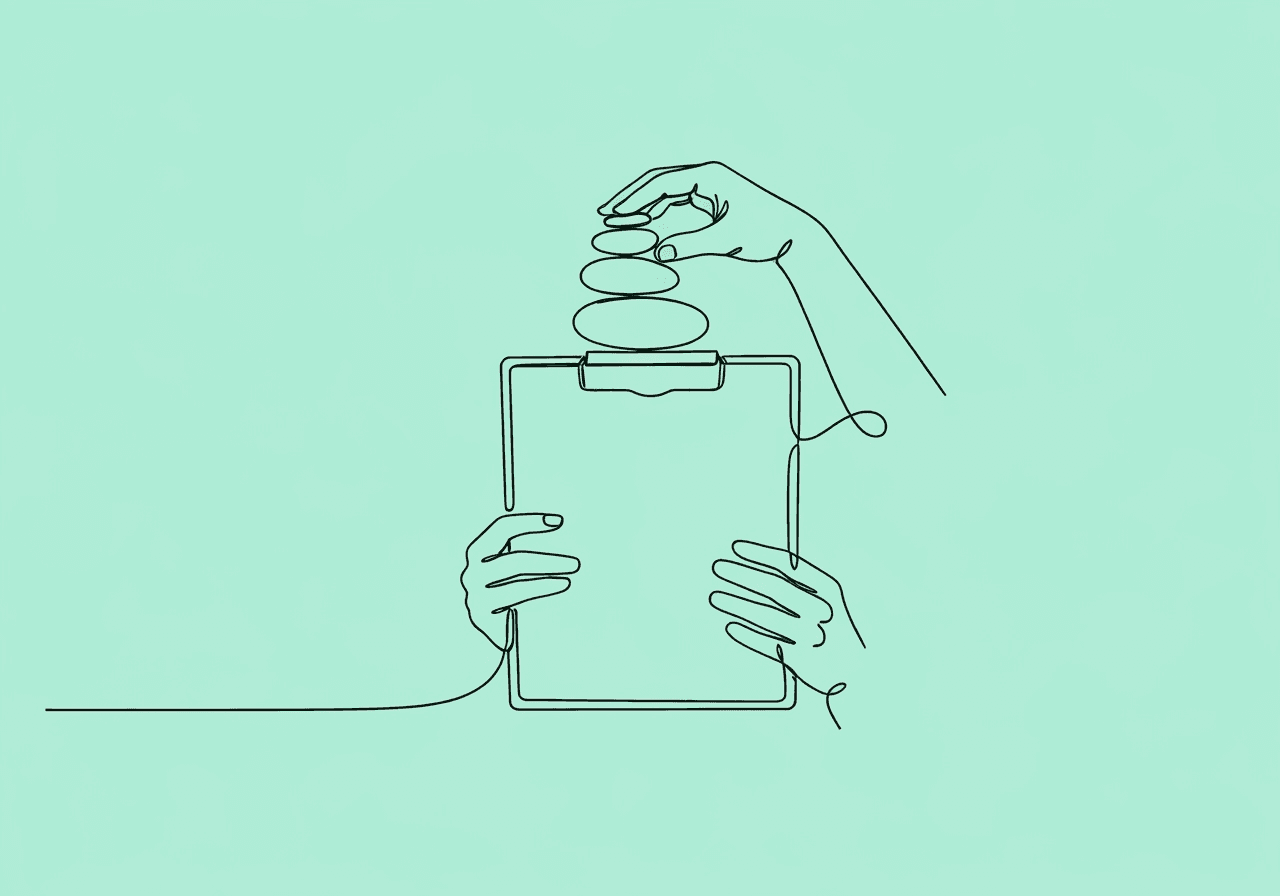 Mastering BCBA Documentation During Treatment Plateaus Minimalist line art of a hand balancing smooth stones on a clipboard, symbolizing the careful documentation of BCBA treatment plateaus—illustrating the complexity of documenting treatment changes for insurance reauthorization.