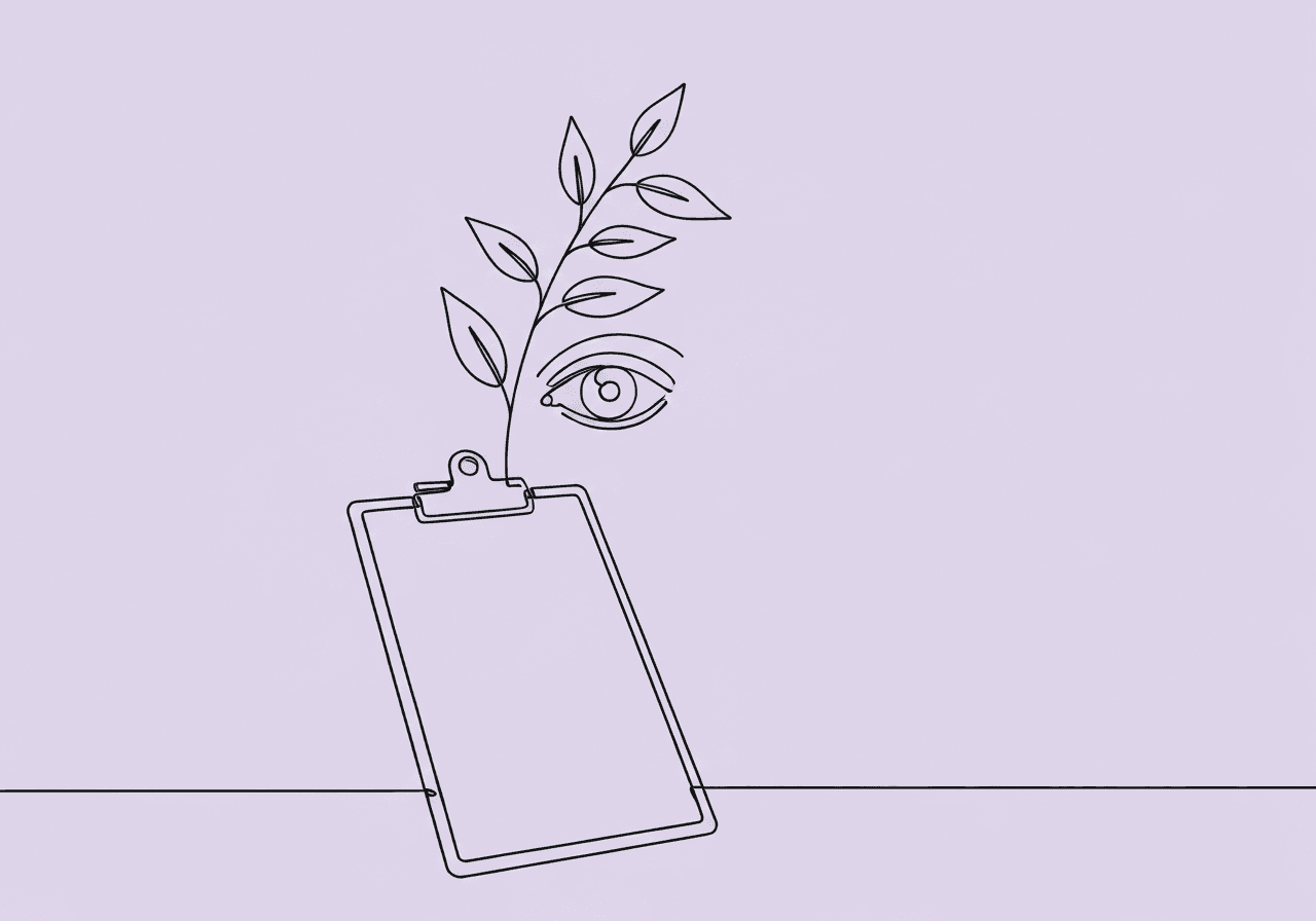 BCBA Documenting Lack of Progress: Essential Steps Minimalist line art on pastel lavender shows a BCBA documenting lack of progress, with a clipboard, uneven plant growth, and an observant eye illustrating ethical monitoring and meticulous record-keeping.