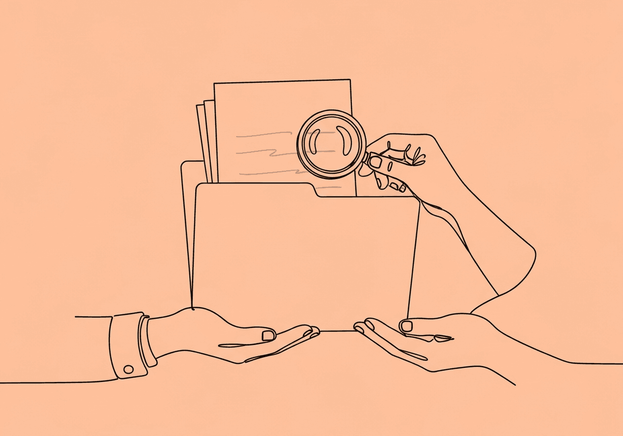 BCBA Guide to Documenting RBT Ethical Violations Minimalist line art of an open file folder, a hand holding a magnifying glass over a document, supported by two faint hands underneath, visually representing RBT ethical non-compliance documentation and the careful supervision process required by BCBAs.
