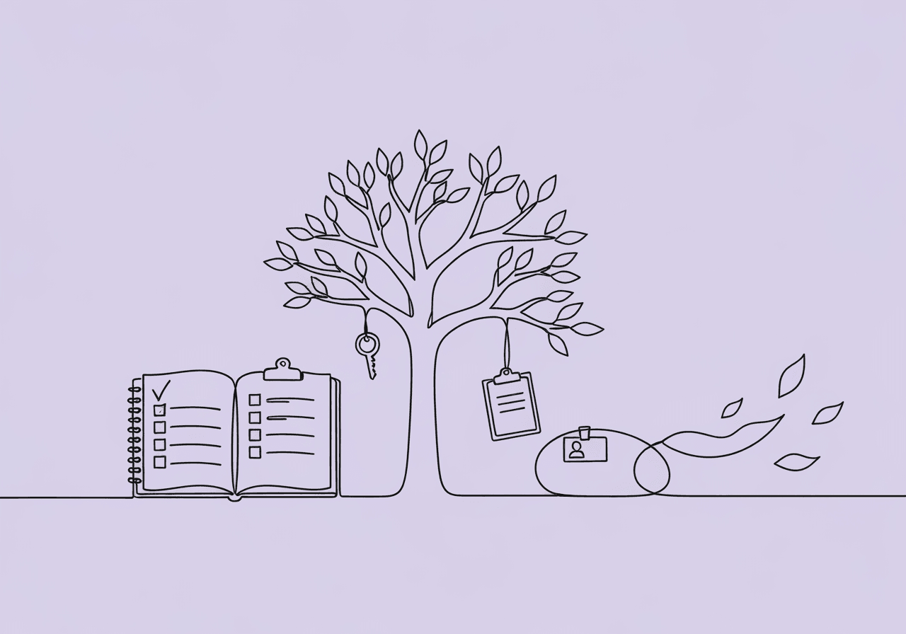 BCBA Environmental Modification Documentation Checklist Minimalist line art for BCBA environmental modification documentation, showing a notebook transforming into a branching tree with checklists and staff elements, illustrating organized compliance and adaptive changes in behavioral settings.