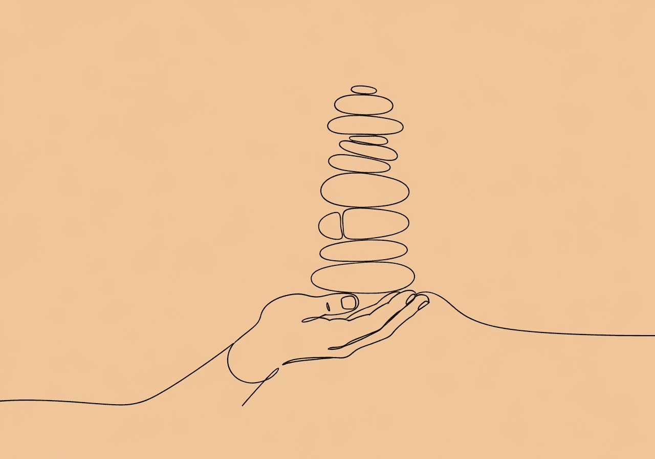 BCBA Ethical Decision-Making Model: 8-Step Exam Guide Minimalist line art shows a hand carefully balancing eight stones in a vertical stack, representing the BCBA ethical decision-making model’s structured yet nuanced steps. The illustration highlights careful consideration and responsibility in ethical practice.