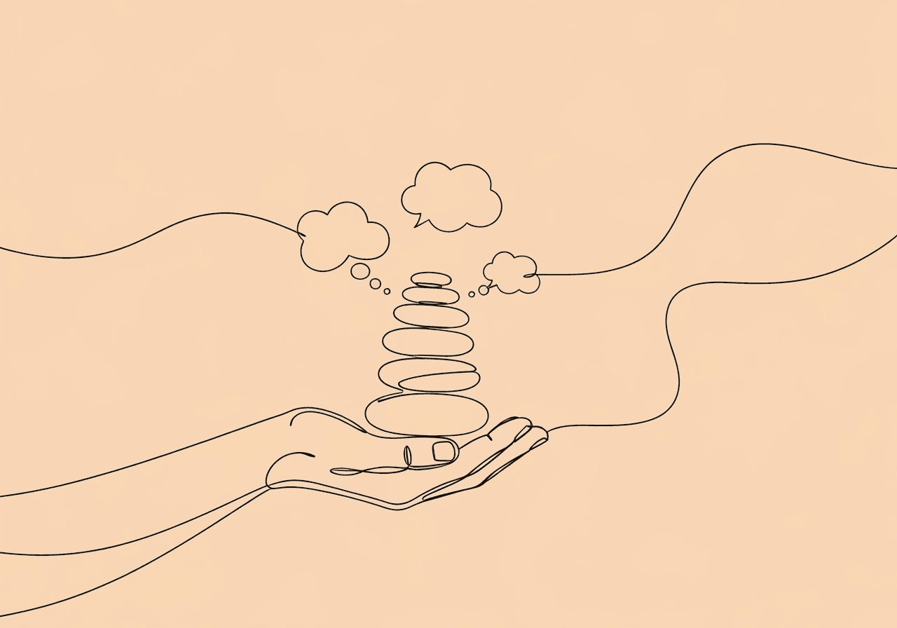 BCBA Ethical Dilemma Documentation: 5 Steps to Compliance Minimalist line art showing an open hand balancing five stacked stones, surrounded by faint thought bubbles, symbolizing the careful documentation process for BCBA ethical dilemma resolution. Captures balance, reflection, and consultative care.