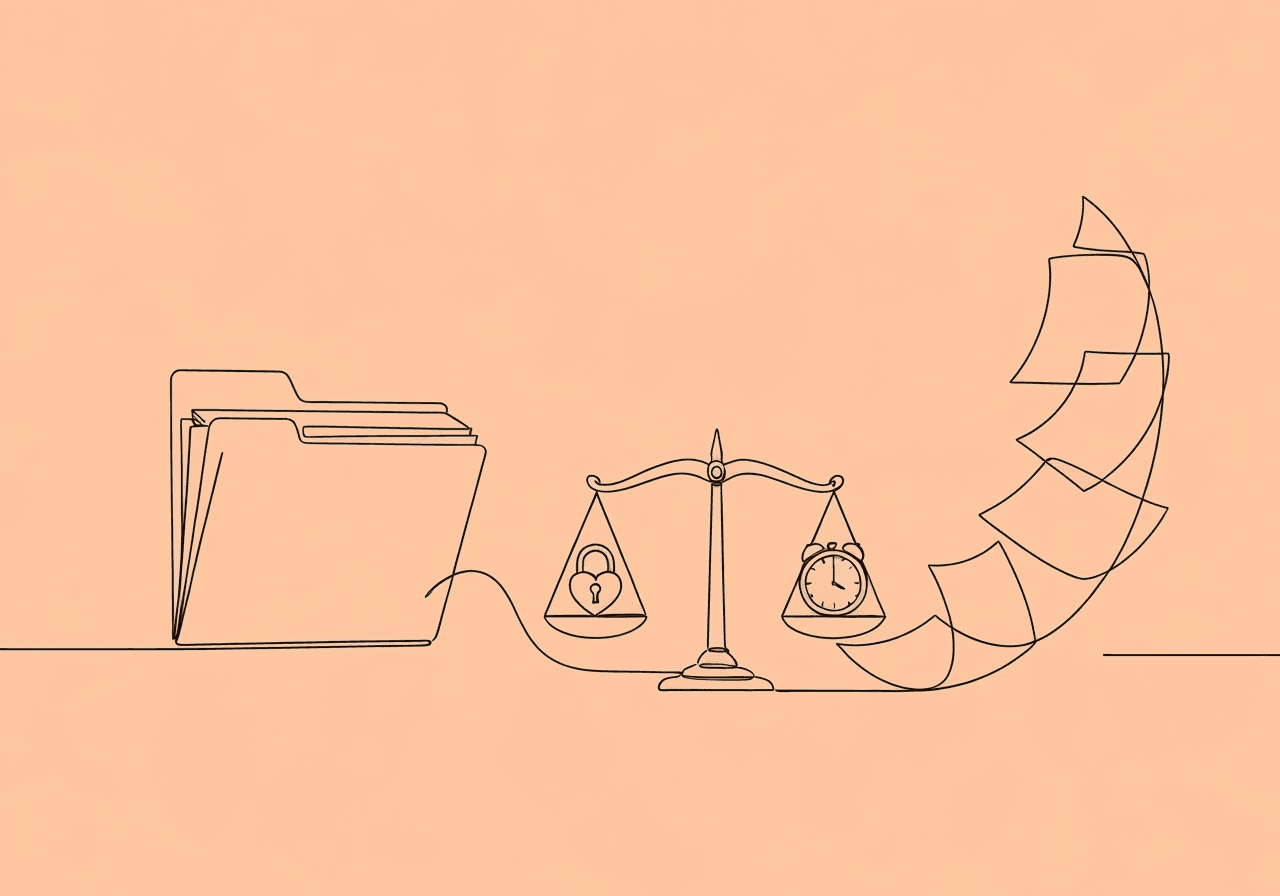BCBA Ethical Documentation Best Practices Minimalist line art illustration for BCBA ethical documentation, showing an open folder with a balancing scale holding a lock and a clock, symbolizing confidentiality and timeliness—key ethical principles explored in the post.