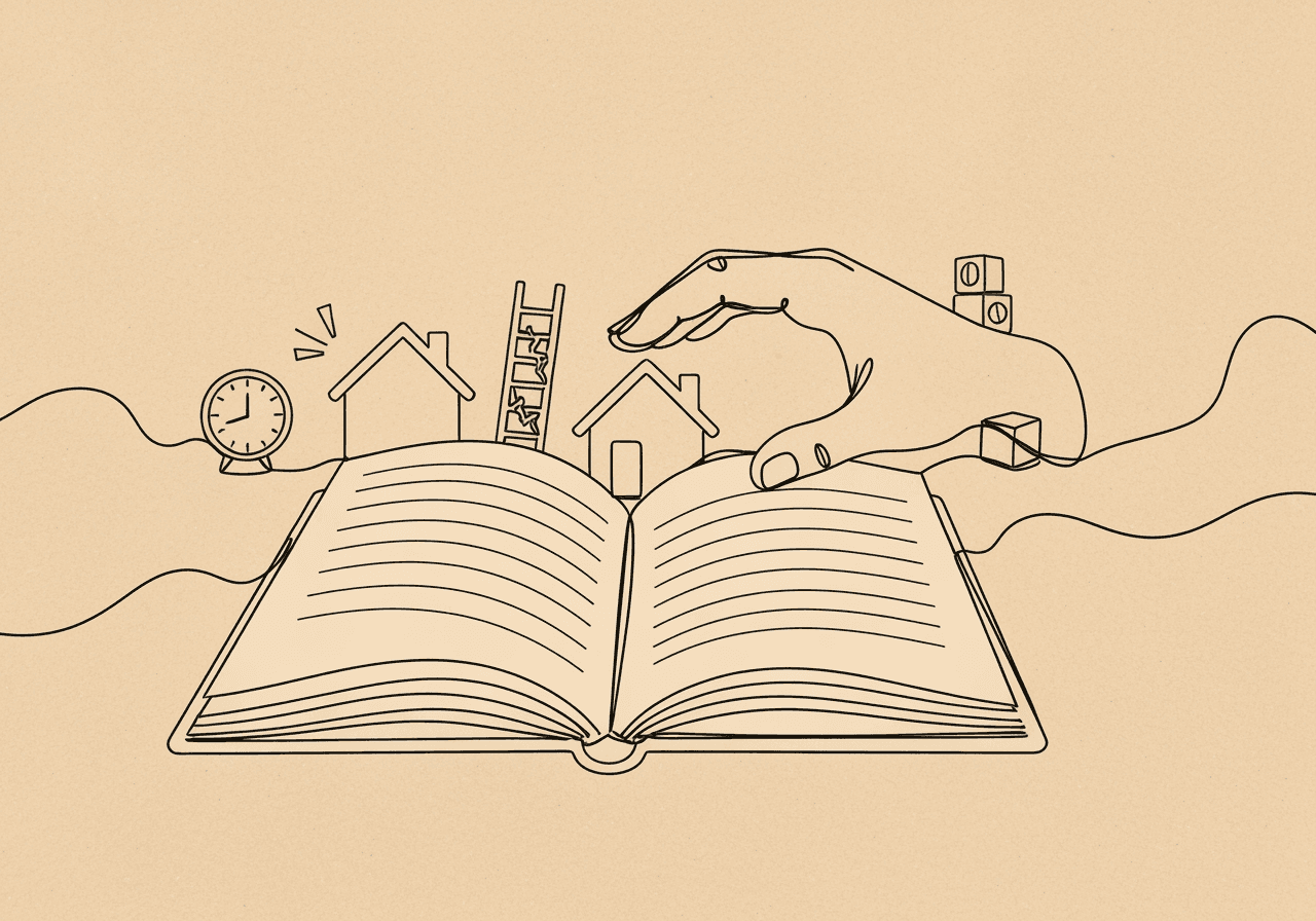 BCBA Ethical Documentation: Caregiver Non-Adherence Minimalist line art shows an open notebook, protective hand, and a small house surrounded by everyday barriers. Symbolizes caregiver non-adherence documentation and ethical response by BCBAs, capturing emotional nuance for the blog topic.