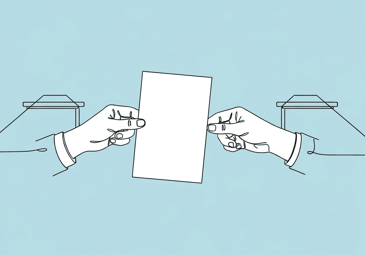 BCBA Professional Differences: Ethical Documentation Guide Minimalist line art illustration on pastel blue shows two hands exchanging a sheet of paper, symbolizing BCBA professional differences documentation and ethical communication in resolving disagreements, supporting the blog's focus on clear, nonjudgmental record-keeping.