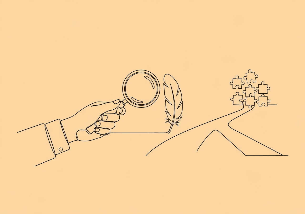 BCBA Ethical Documentation: Non-Evidence Best Practices Minimalist line art shows a hand holding a magnifying glass inspecting a floating feather, with diverging paths in the background—capturing the BCBA ethical documentation non-evidence challenge and the careful consideration required for non-evidence-based interventions.