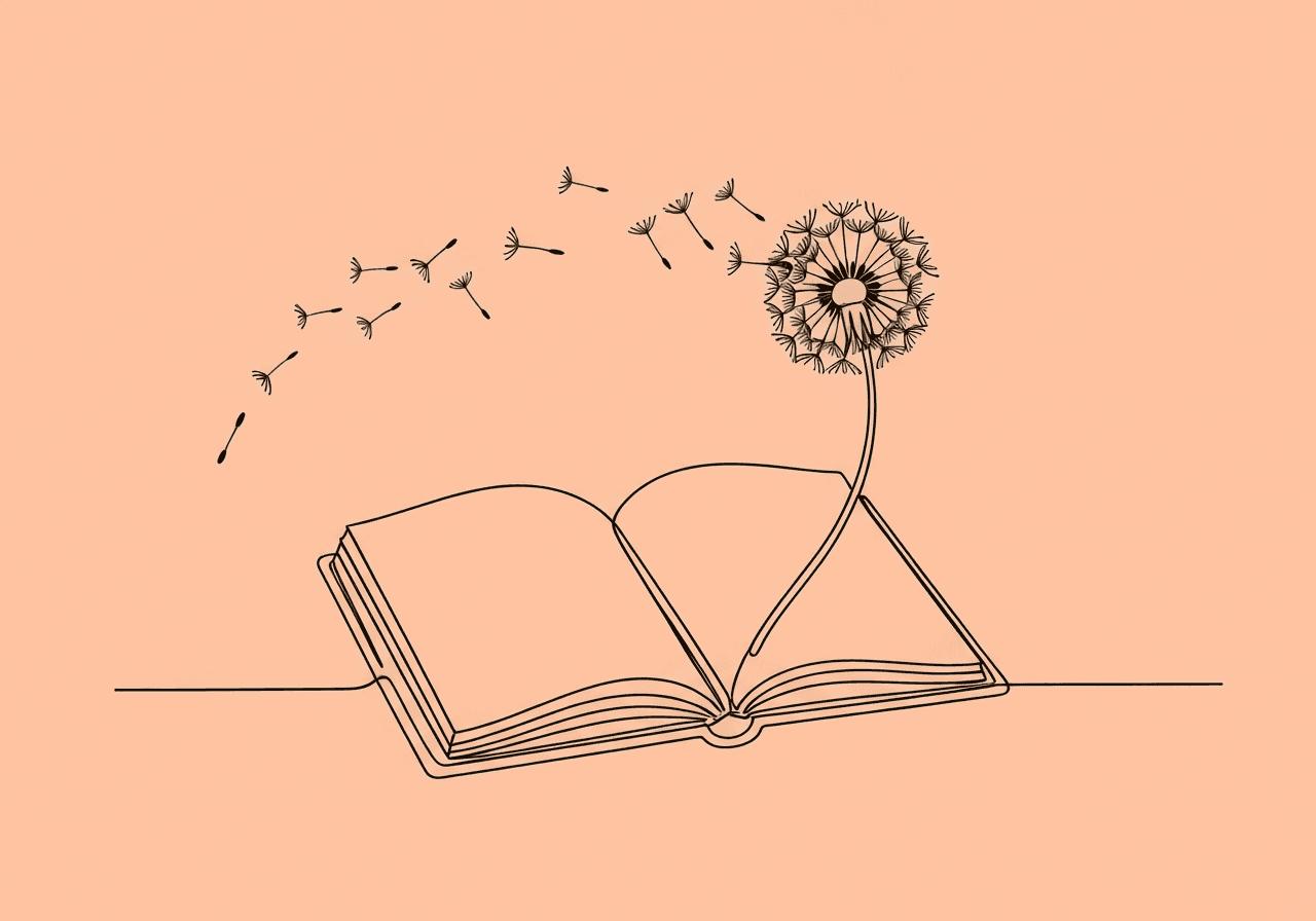 BCBA Fading Treatment Goals Documentation: Ethical Guide Minimalist line art of an open notebook transforming into a dandelion, its seeds drifting away, symbolizing how BCBAs document and ethically fade ABA treatment goals. The visual illustrates the concept of BCBA fading treatment goals documentation with a sense of gentle transition and compliance.