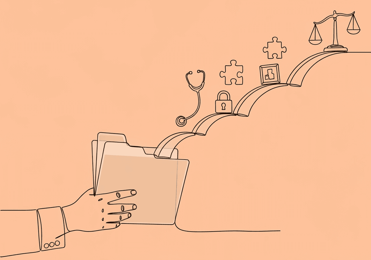 BCBA Ethical Supervision Documentation Essentials Minimalist line art featuring a hand holding a file folder with seven interconnected paper bridges and symbolic objects, visually representing BCBA ethical supervision documentation challenges in RBT supervision.