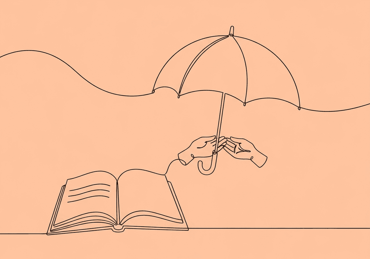 BCBA Ethics 3.0: Essential Documentation Checklist Minimalist line art illustrating BCBA ethics 3.0 documentation, showing an open notebook transforming into a protective umbrella held by supporting hands, symbolizing responsibility, confidentiality, and care in ethical practice documentation.