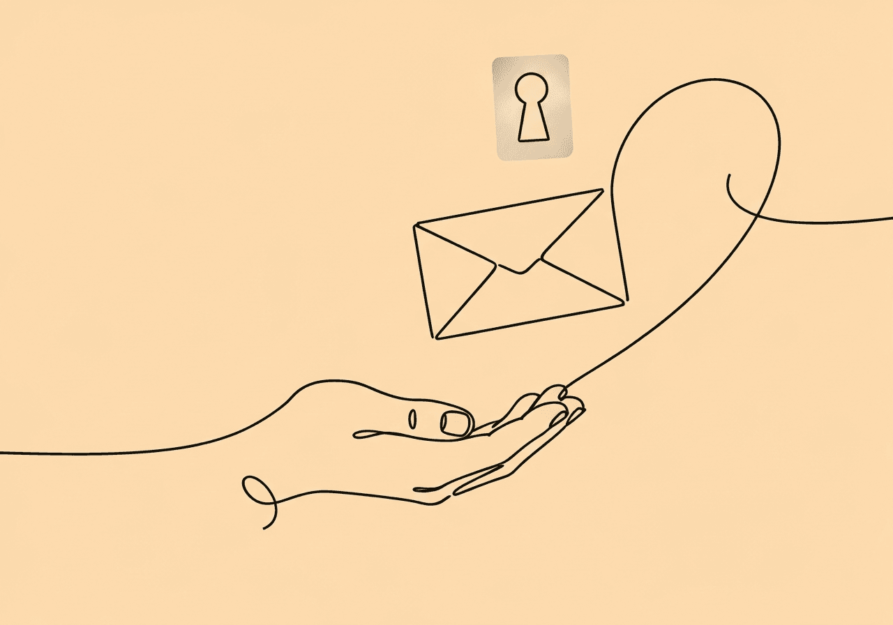 BCBA Ethics: Disclosing Confidential Information Minimalist line art illustration for BCBA disclosing confidential information ethics shows a cupped hand holding an envelope and an implied keyhole, representing secure, ethical handling of private client information.