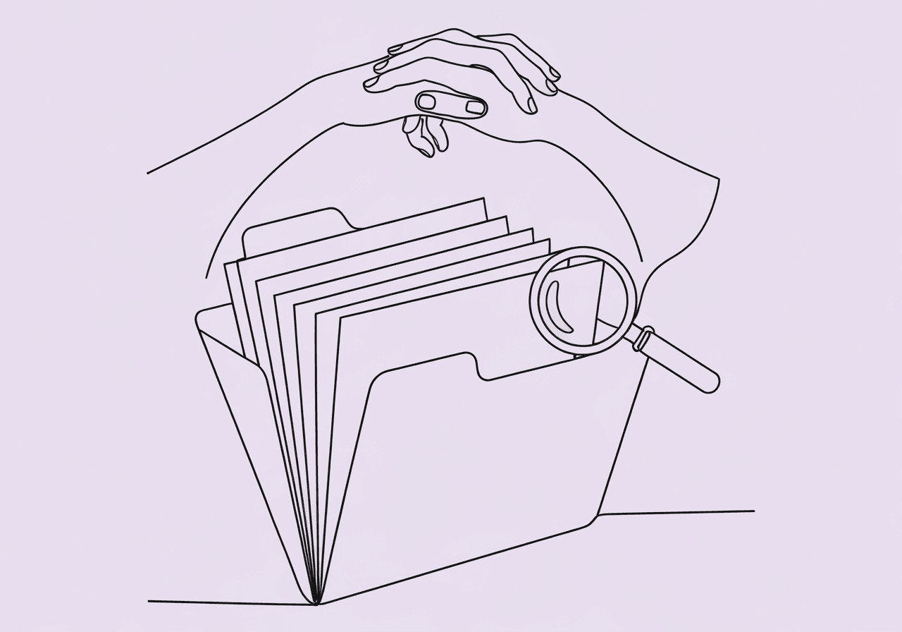 Ethics Violation Documentation for BCBAs: BACB Guide Minimalist line art of an open file folder, papers, a magnifying glass, and interlinked hands, illustrating ethics violation documentation BCBA with themes of careful review, confidentiality, and professional integrity.